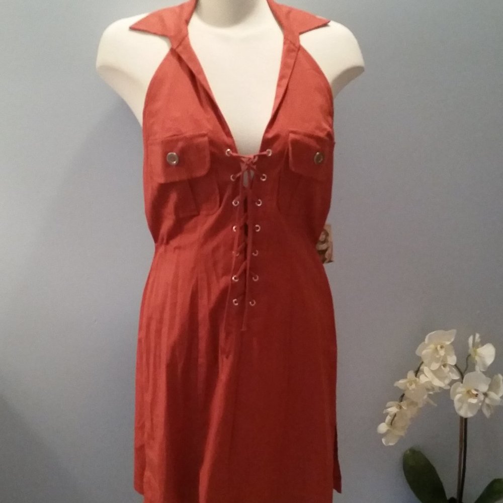 XOXO terracotta halter lace up dress NWT